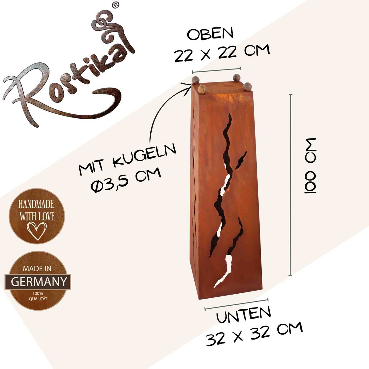Patina column 1 m with cracks and various shells | Rust decoration plant column