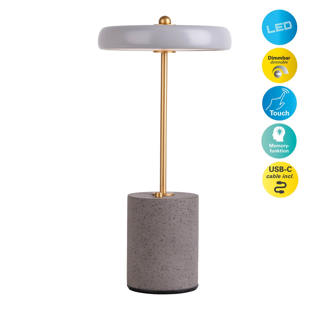 Akku Tischleuchte "SETA" grau 30 cm hoch aus Metall und Beton, mit fest verbauter LED