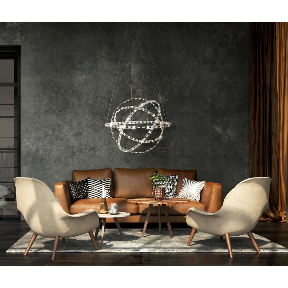 LED pendant lamp "Cosmos" metal and plastic in chrome, Ø60 cm, with firmly built -in LEDs, lighting for living room, dining room or office.