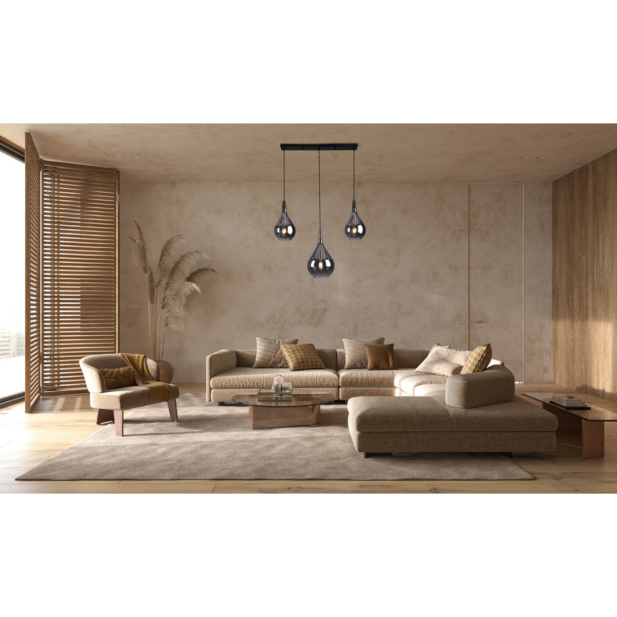 3-be pendant light "Gota", retro classic pendant lamp made of black smoke glass with E27 frames, 88 cm long, 150 high, ideal for dining room, living room and kitchen.