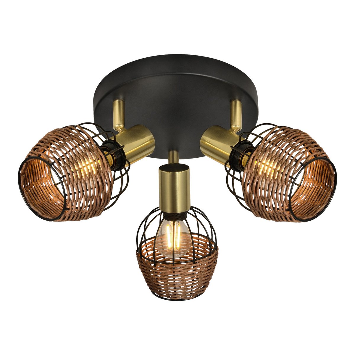 3 "Corbis" ceiling rondel, metal spot in black, with gold and rattan, with E14 socket, for dining room, living room, hallway or office, lighting for living room, dining room or office, 38 cm diameter