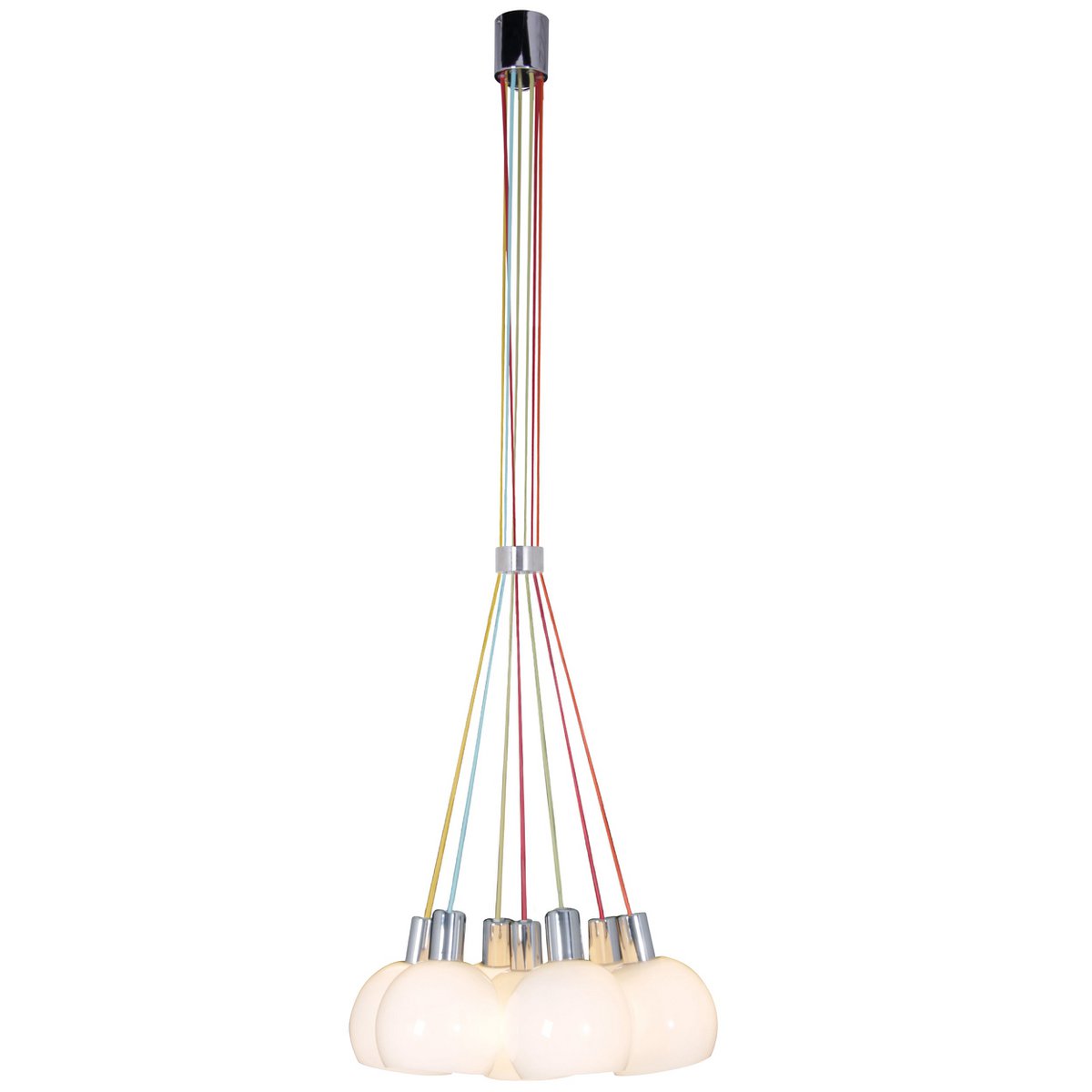 Pendant lamp "Rainbow-Bowl" a total of 120 cm high, 7 glass screens Ø 16 cm, made of chrome-colored metal, opal white glass and colorful supply, E14 versions