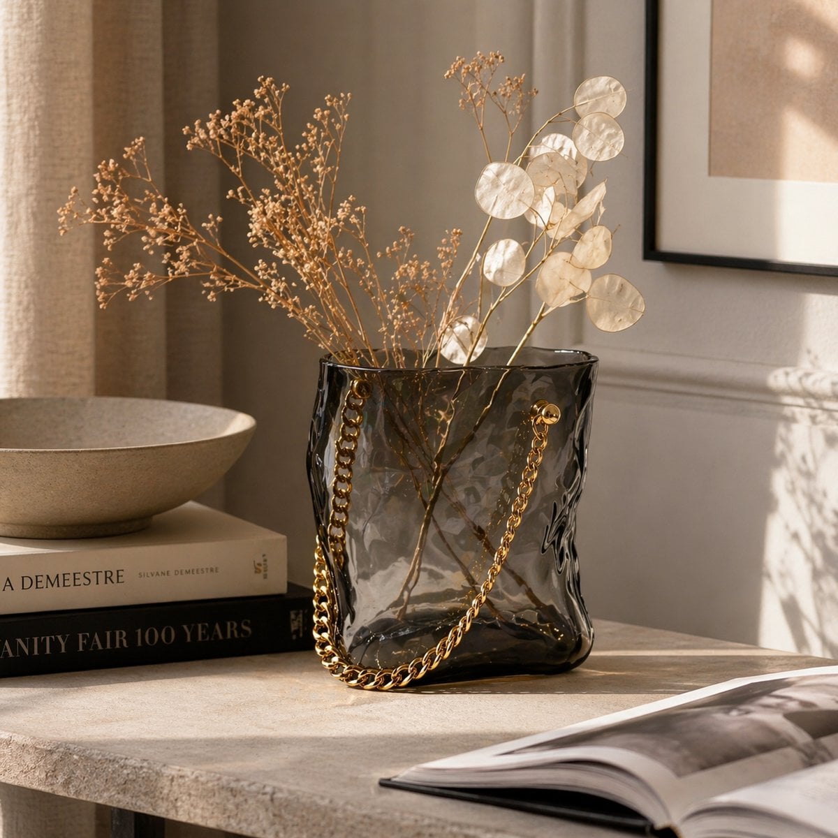 Transparent black glass bag vase with silver handle 20x12x24cm