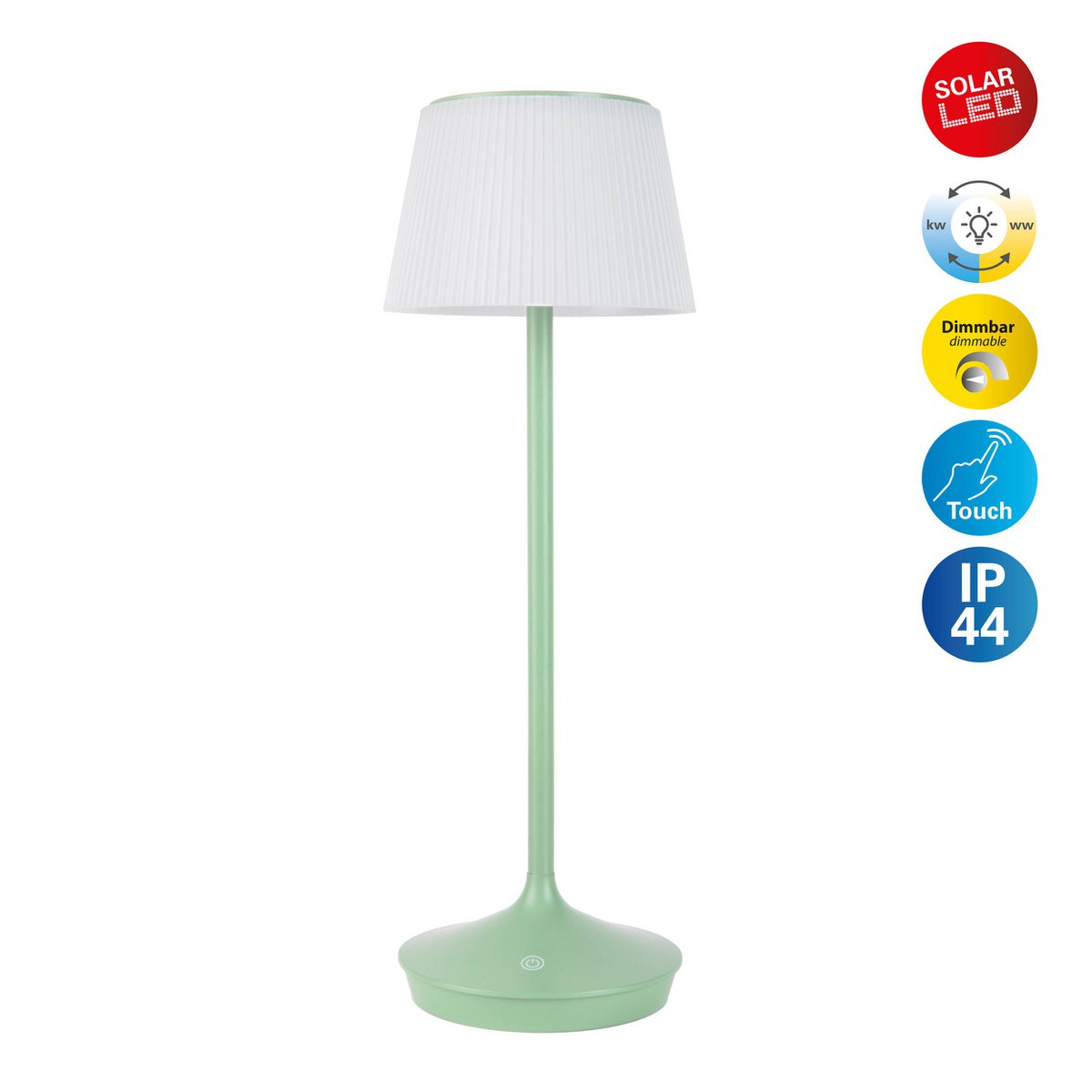 Solar battery lamp "Emmi" 38 cm high, umbrella Ø 13 cm, metal in MINT and white plastic, for the outdoor area, dimmable CCT.