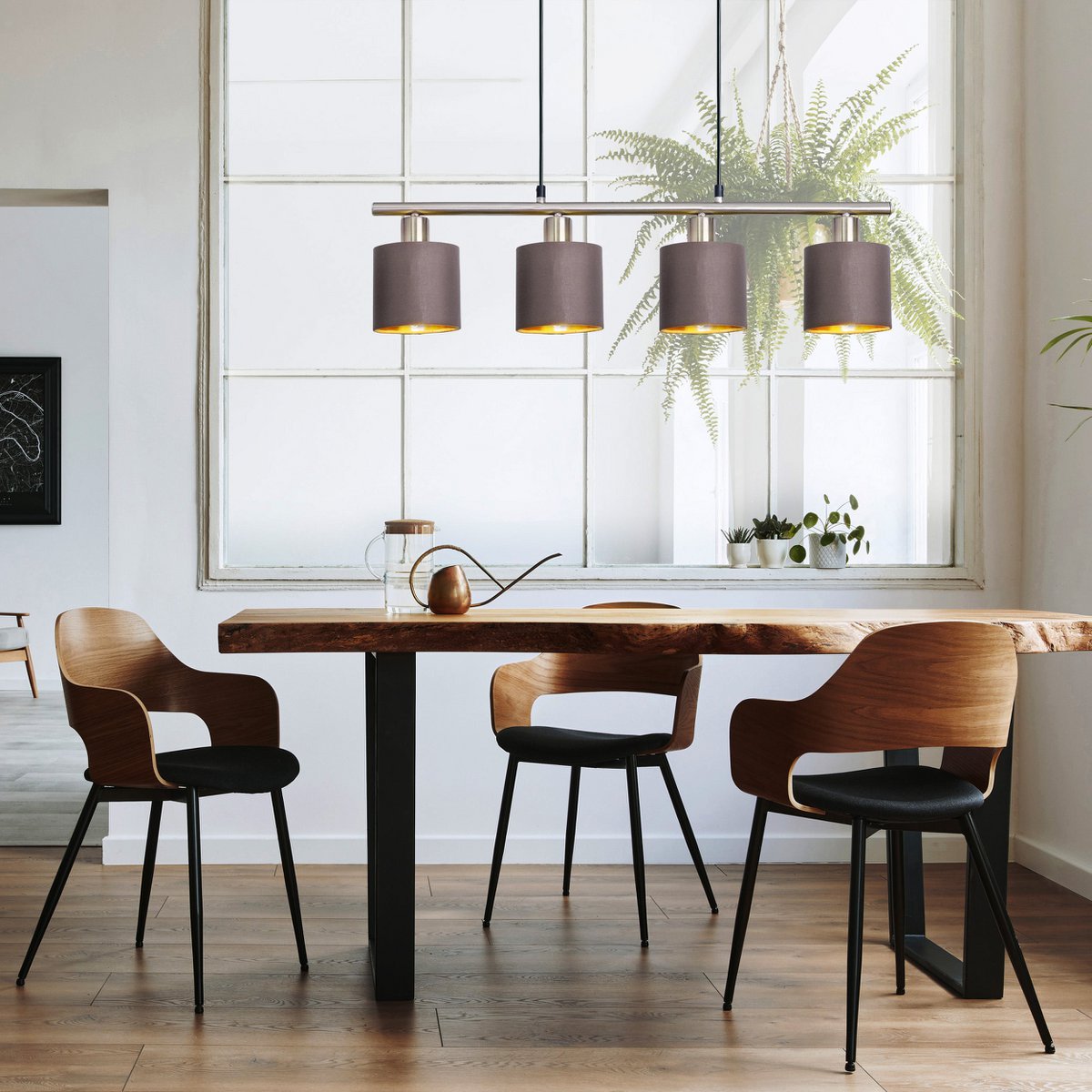 4 pendant lamp "Maron" made of metal-satin-matt with fabric umbrellas in brown, with E14 socket, lamp for living room or dining room, 71.5 x 12 cm