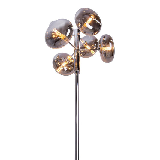 Golvlampa "ORION" smoky, ca 165 cm hög, i kromfärgat, rostfritt stål och rökglas, G9-sockel, belysning för vardagsrum, matsal eller kontor.