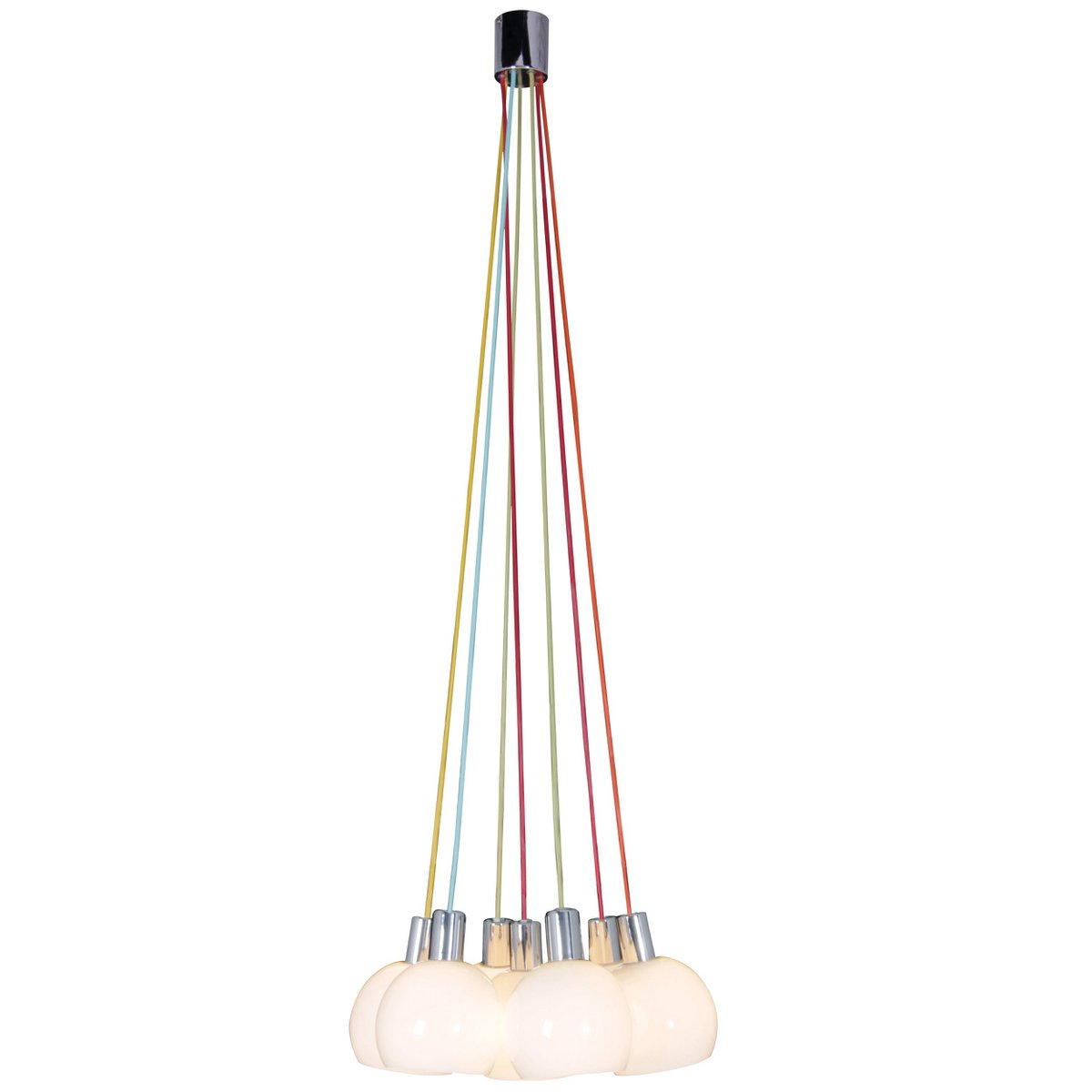 Pendant lamp "Rainbow-Bowl" a total of 120 cm high, 7 glass screens Ø 16 cm, made of chrome-colored metal, opal white glass and colorful supply, E14 versions