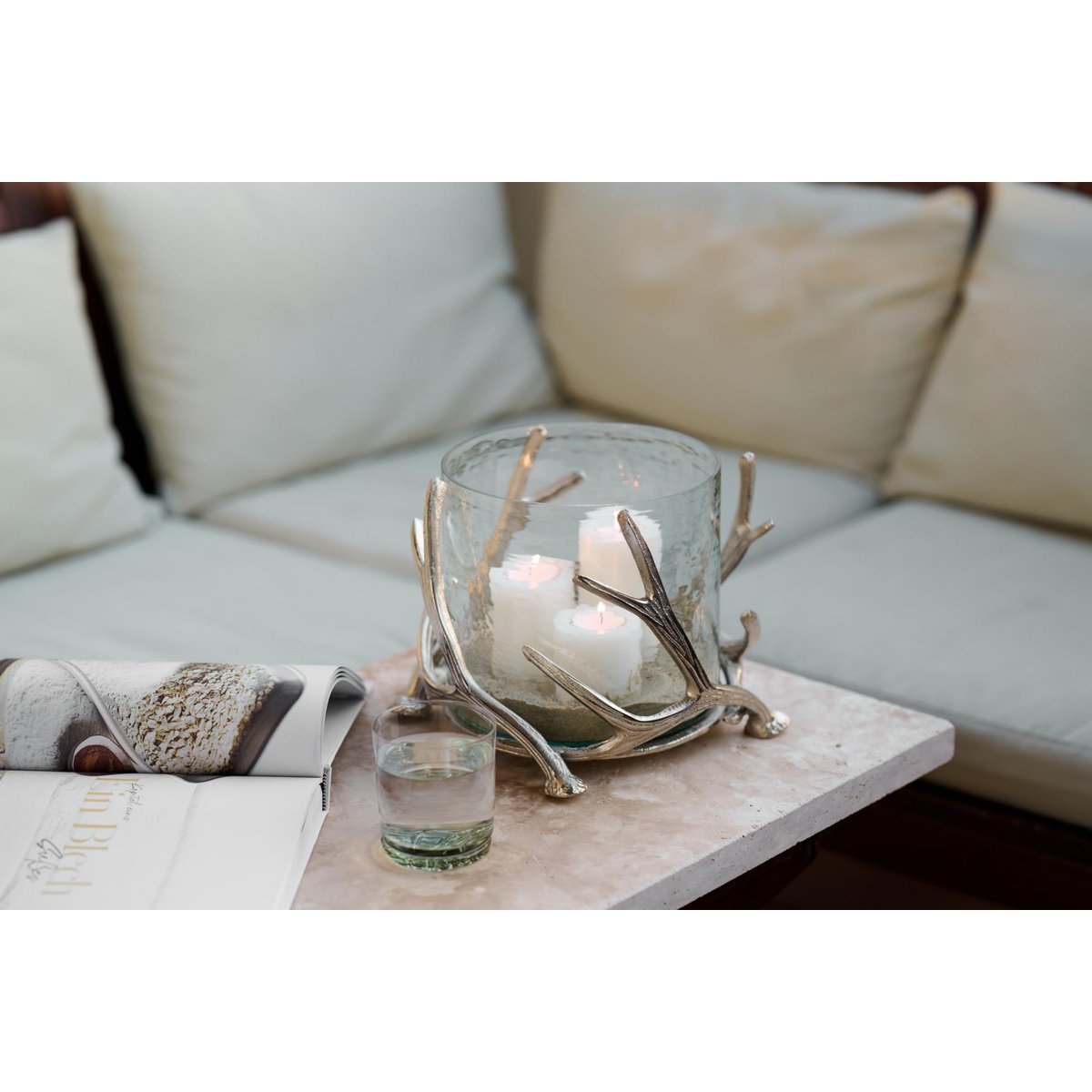 EDZARD lantern Kingston, antler design, aluminum, silver-colored, with glass, height 20 cm, ø 25 cm