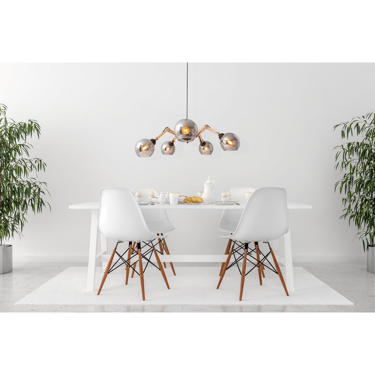 5 glass pendant lamp "Soito" hanging lamp made of metal, glass and rubber wood, with E14 socket, for dining room, living room, hallway or office, 80 cm diameter