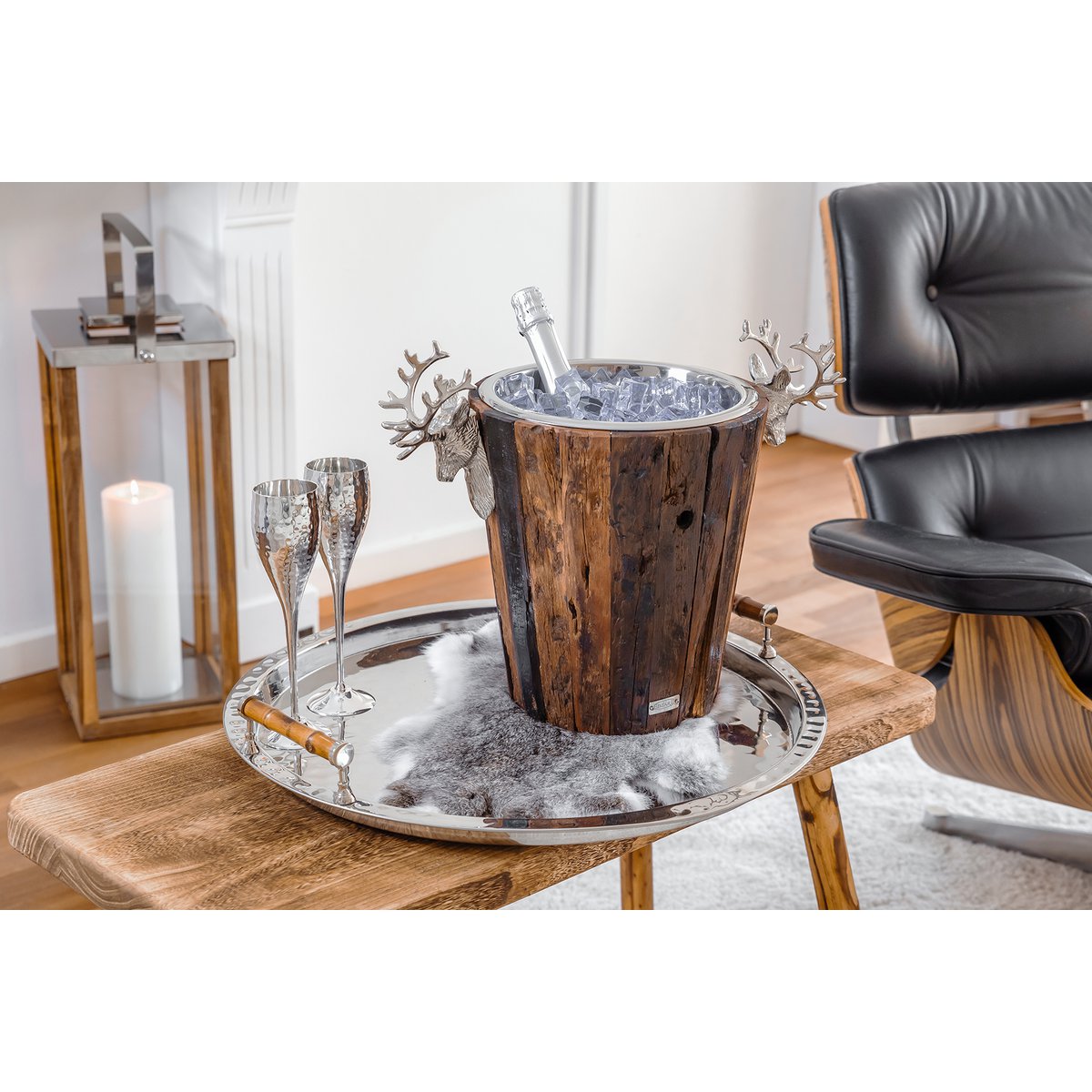 EDZARD champagne cooler Milwaukee with 2 deer heads, teak, stainless steel shiny nickel-plated, height 30 cm