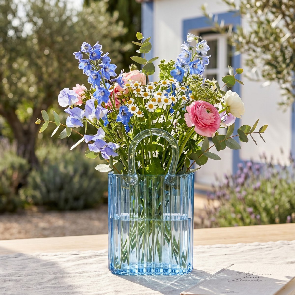 Transparent blue handbag vase 18x10x27cm