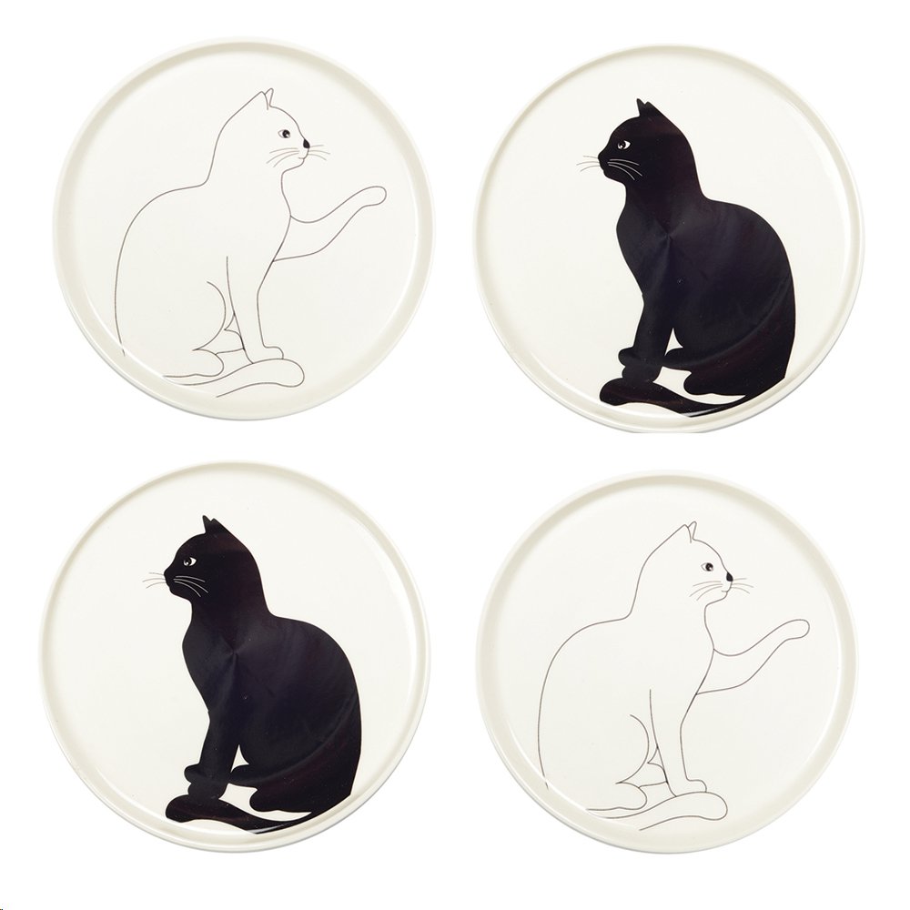 BLACK AND WHITE CAT DESSERT PLATES - SET OF 4