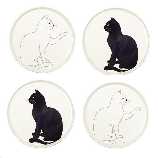BLACK AND WHITE CAT DESSERT PLATES - SET OF 4