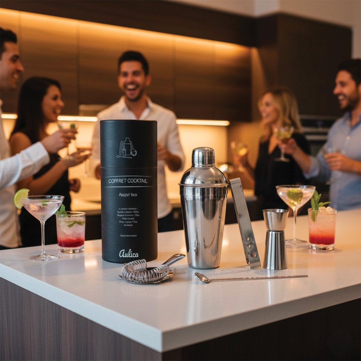 Cocktail shaker set 550ml 5 pieces silver color