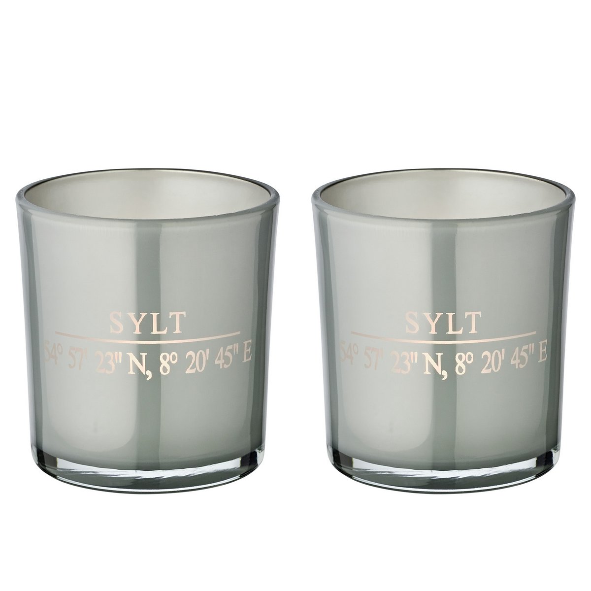 Set of 2 tea light glasses Sylt (height 8 cm, ø 7.5 cm) in grey, elegant lantern with Sylt coordinates
