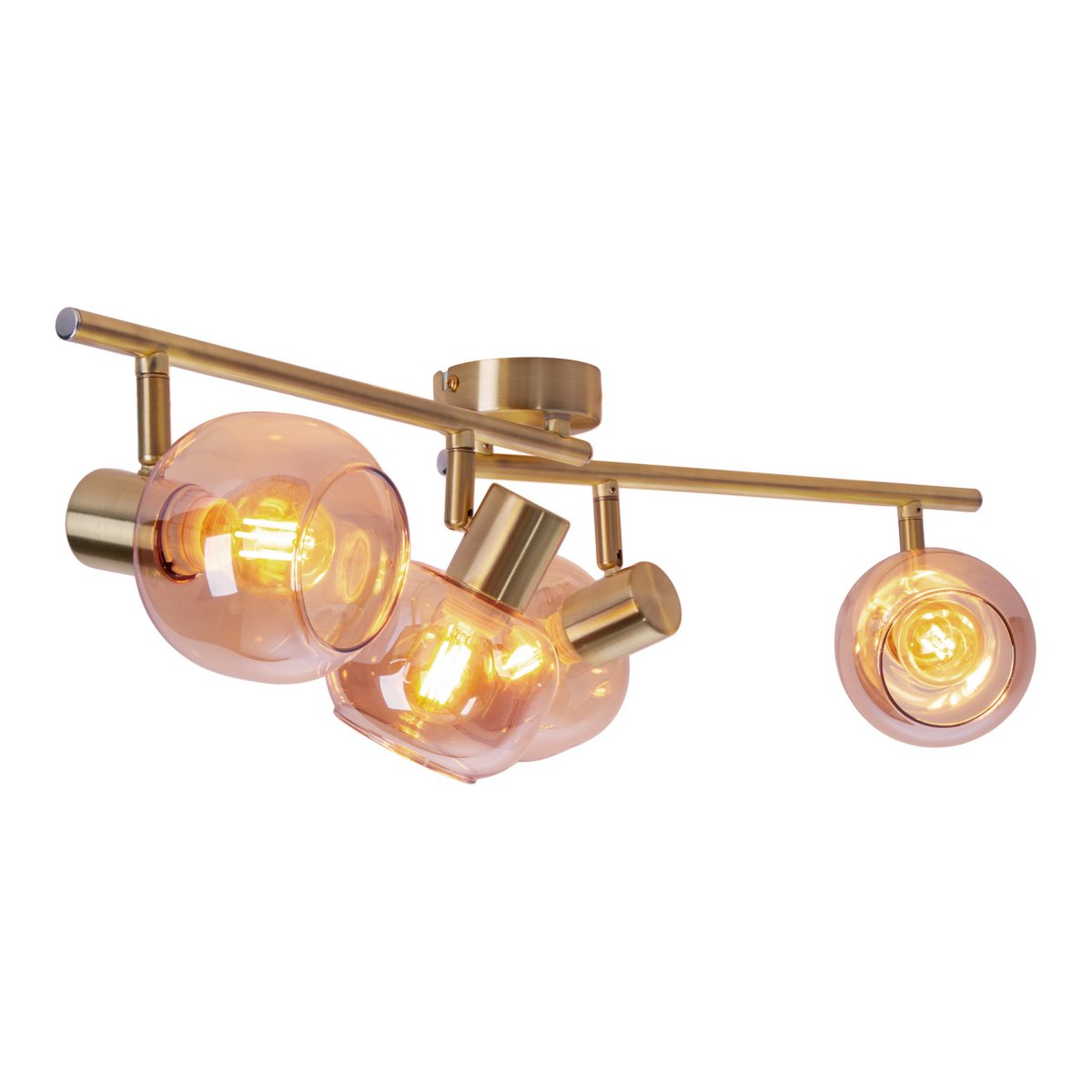 4er Spot/Deckenleuchte "LIBBY", klassische Deckenlampe aus messingfarbenem Metall und getöntem Glas in Amber, mit E14-Fassung, für Esszimmer, Wohnzimmer, Diele oder Büro, 80 cm lang