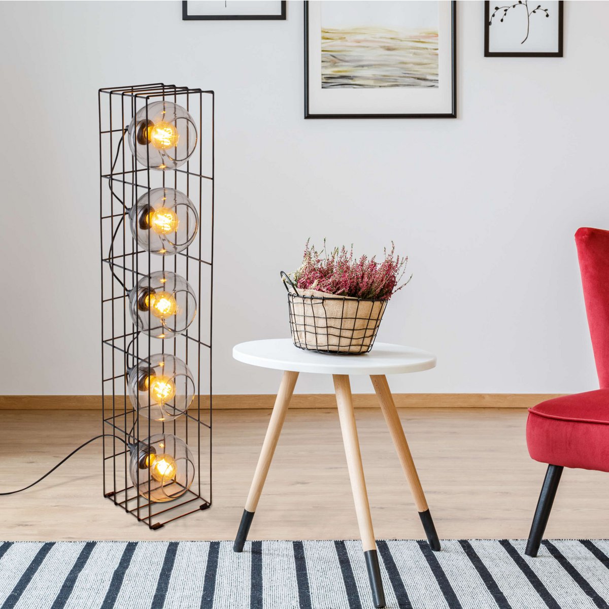 Golvlampa "Cesta" i glas med stomme i svart metalltråd och tonat glas, med E27-sockel, 95 cm hög, för matsal, vardagsrum, hall eller kontor,