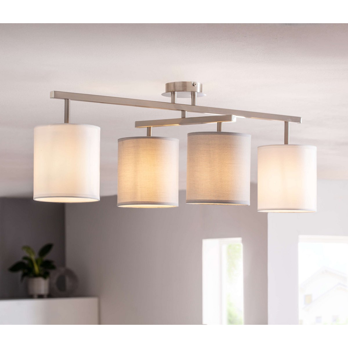 4 taklampa "Tilde", klassisk taklampa i metall och textil i grått med E27-sockel, 82 cm lång, skärmarna är justerbara, perfekt för vardagsrum, matsal och sovrum