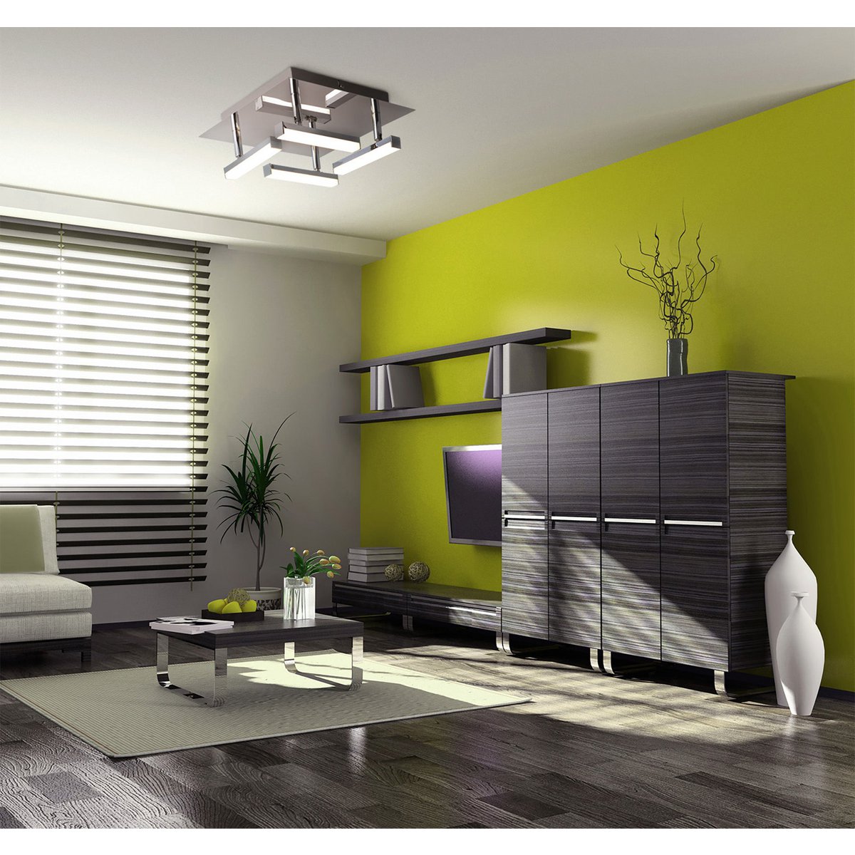 LED ceiling light "Turin" 25 cm x 25 cm, approx. 11 cm high, chrome -colored metal, opal -colored plastic, integrated LEDs, warm white