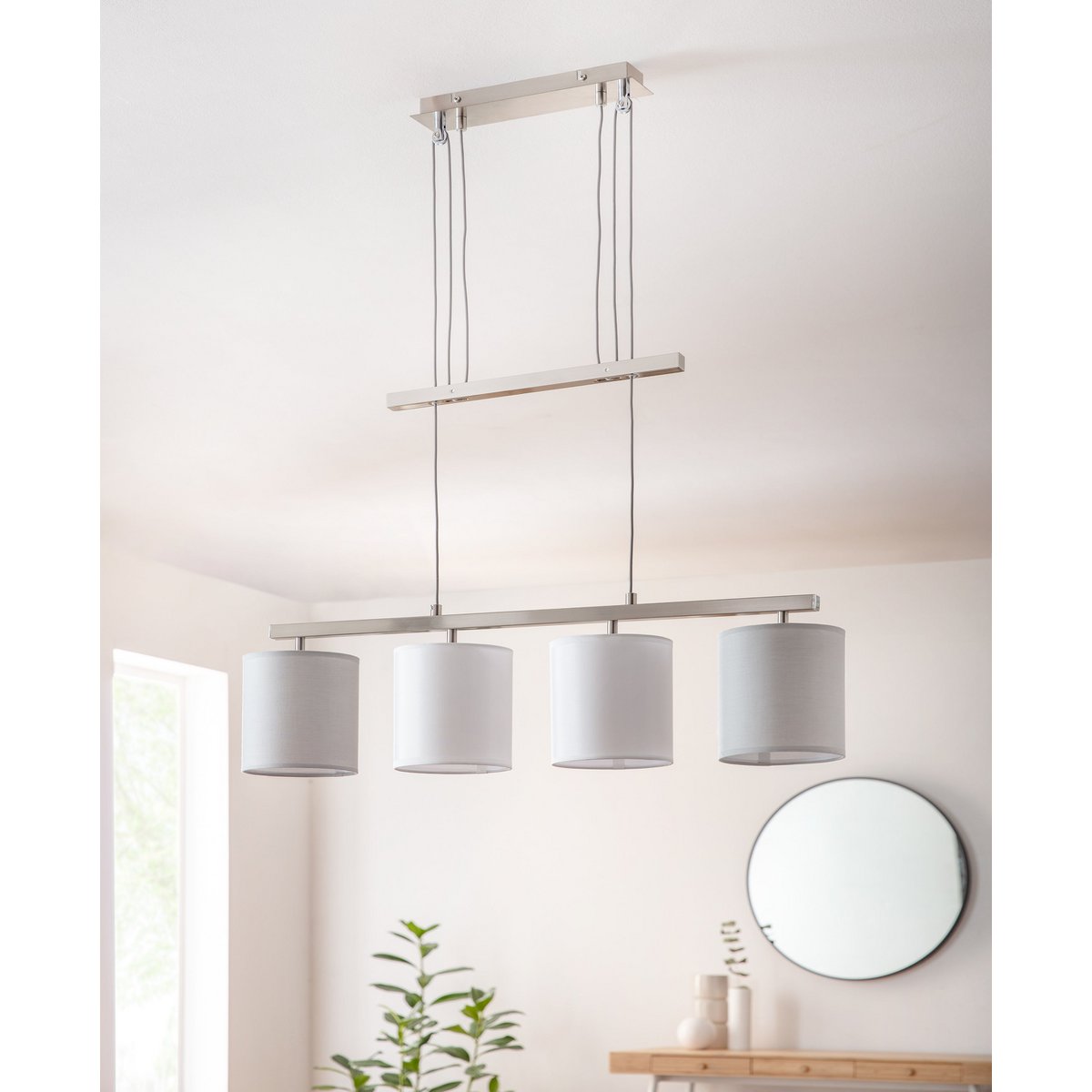4 pendant lamp "Tilde", classic metal pendulum lamp and textile in gray and white, with E27 frame, height adjustable, 86 cm long, ideal as dining lamp