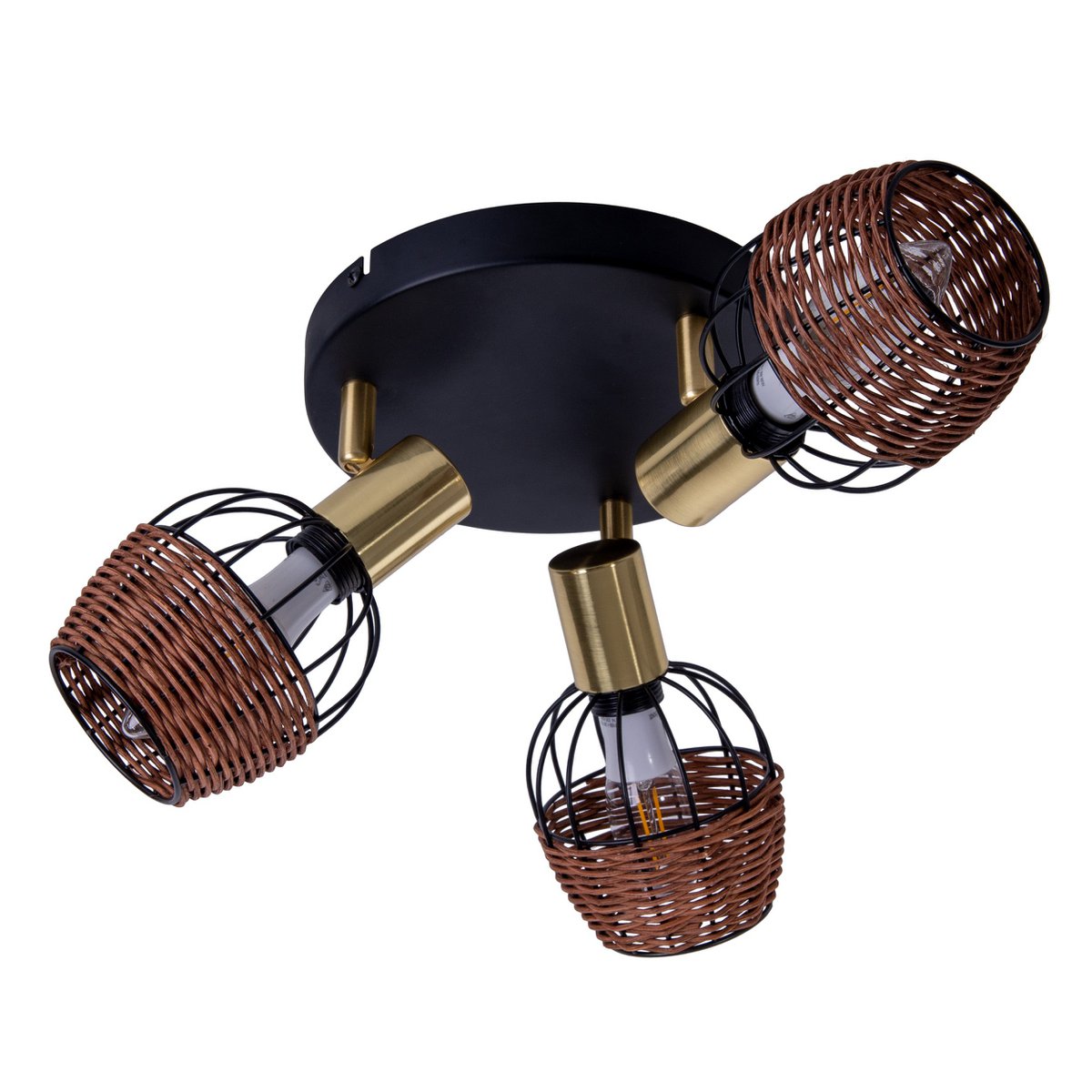 3 "Corbis" ceiling rondel, metal spot in black, with gold and rattan, with E14 socket, for dining room, living room, hallway or office, lighting for living room, dining room or office, 38 cm diameter