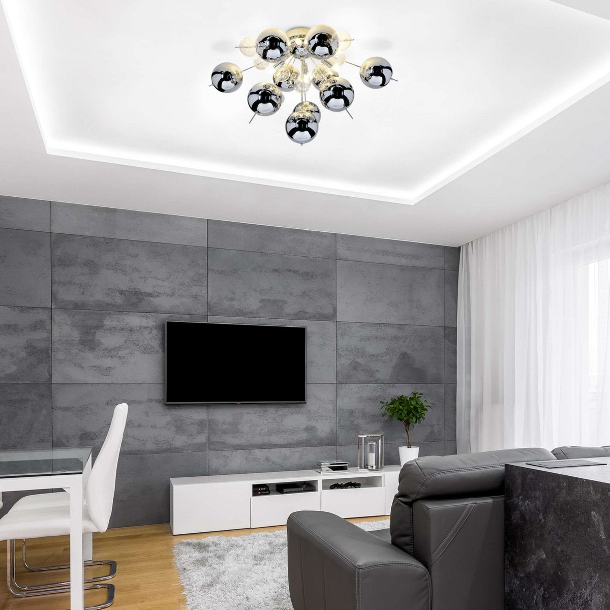 Ceiling lamp "explosion" chrome made of metal and glass, G9 versions, ceiling lamp for dining room, living room, hallway or office, Ø57 cm