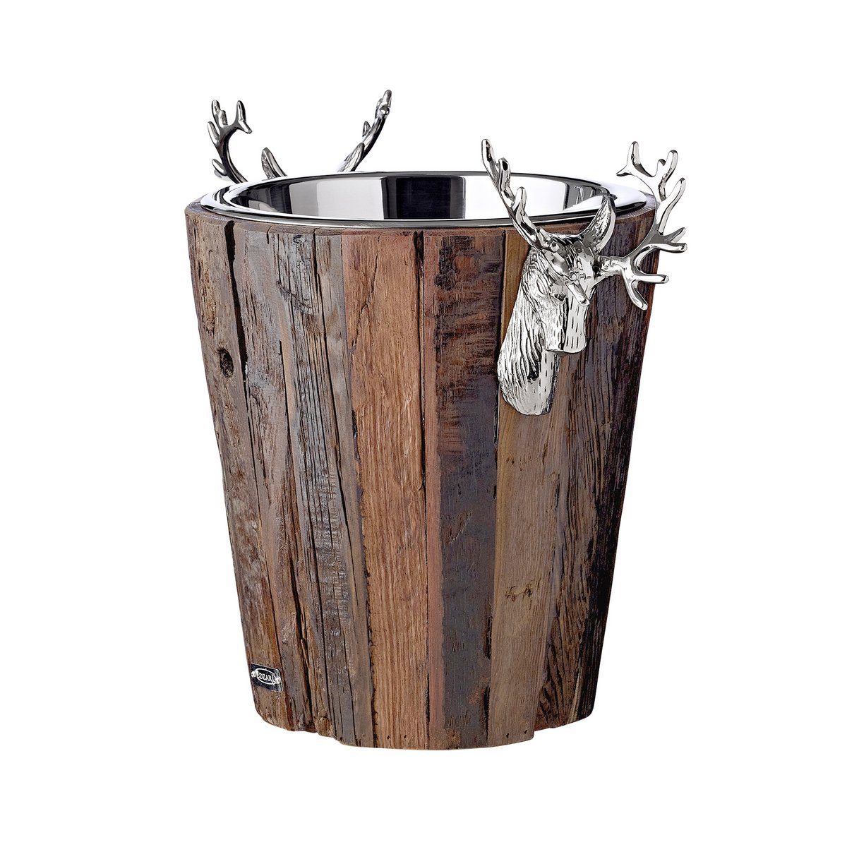 EDZARD champagne cooler Milwaukee with 2 deer heads, teak, stainless steel shiny nickel-plated, height 30 cm