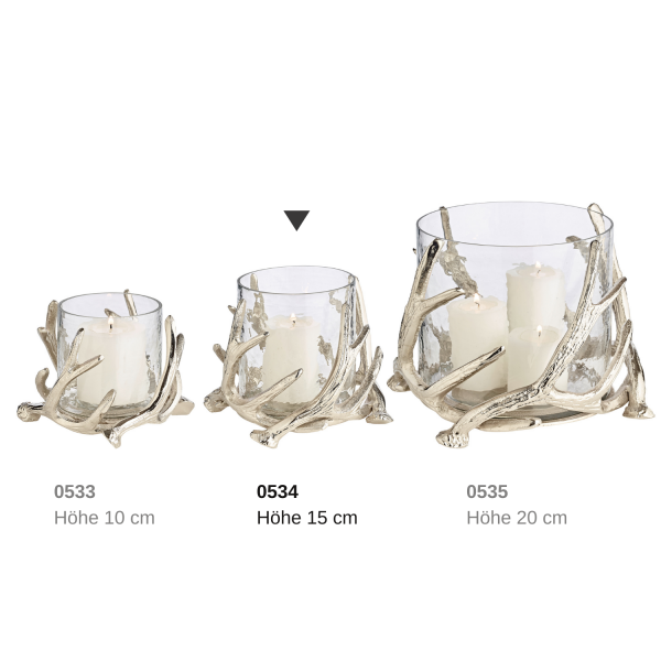EDZARD lantern Kingston, antler design, aluminum, silver-colored, with glass, height 15 cm, ø 19 cm