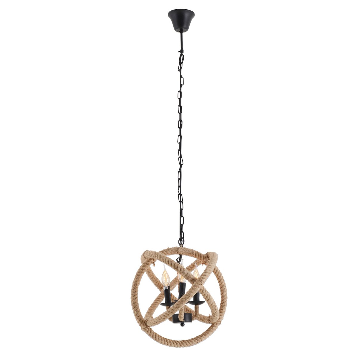 Pendant lamp "Regia", black metal, hemp rope, E27 socket, lighting for living room, dining room or office, 43 cm diameter