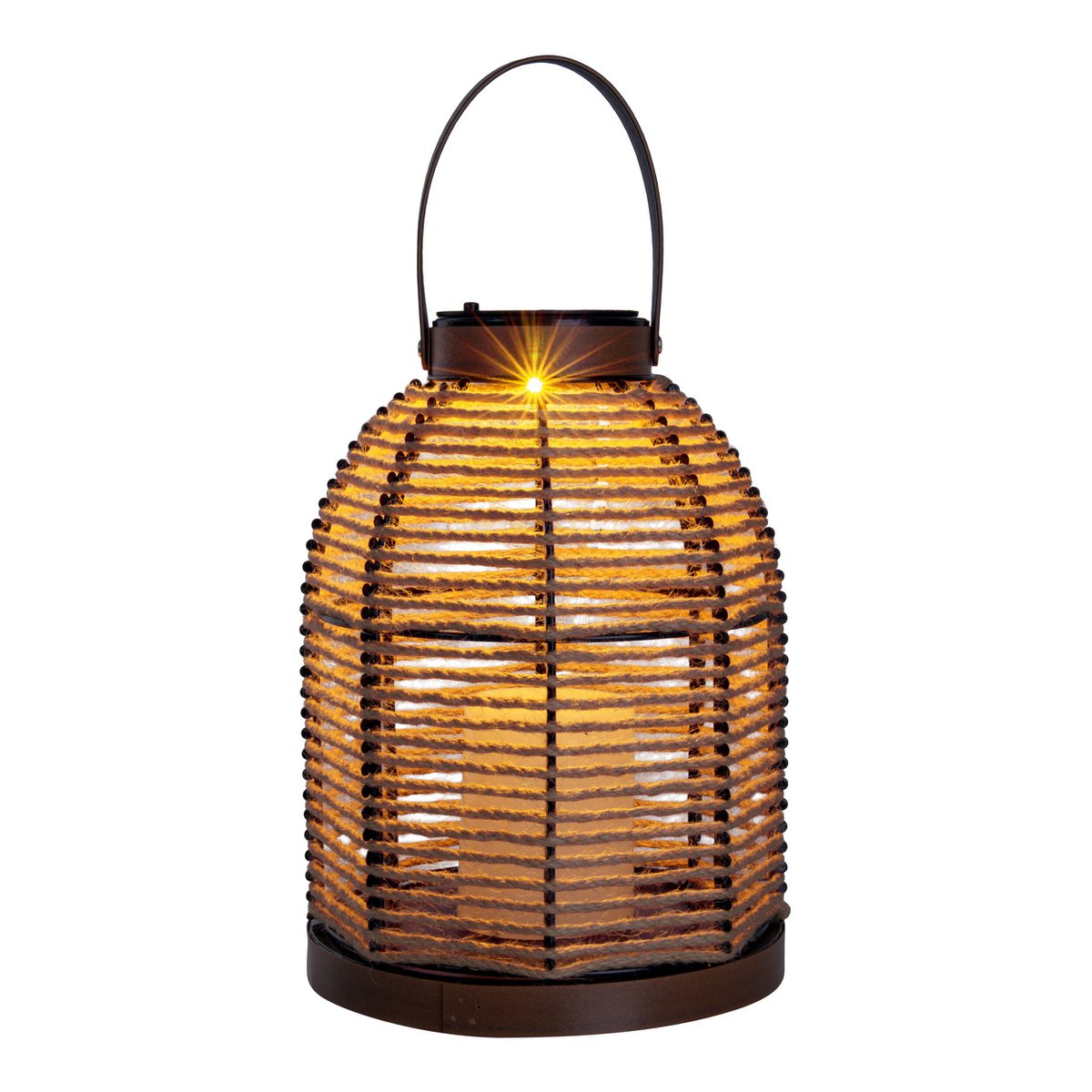 LED-solcellslampa "Korbinian" för trädgård och terrass, dekorativ lampa av metall med juterep i natur, fasta inbyggda LED-lampor, solcellslampa för utomhusbruk 29 x 21 cm