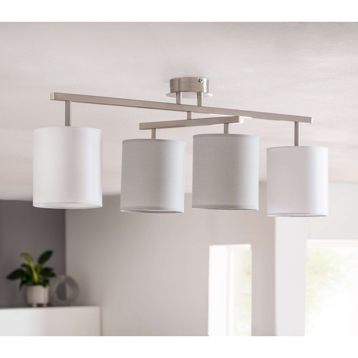 4 taklampa "Tilde", klassisk taklampa i metall och textil i grått med E27-sockel, 82 cm lång, skärmarna är justerbara, perfekt för vardagsrum, matsal och sovrum