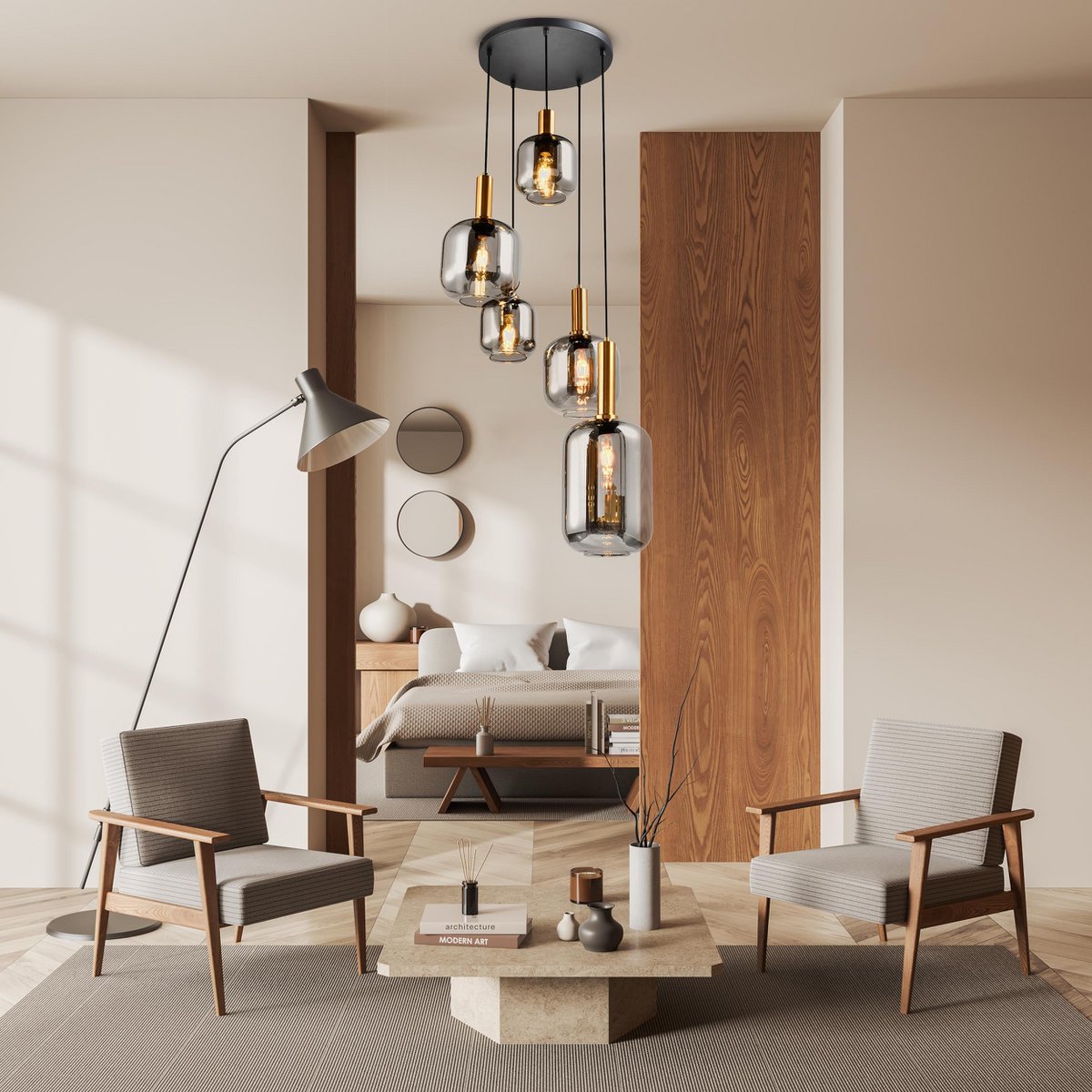 5er Pendelleuchte "FUMO", Pendellampe aus Metall und Glas in Schwarz,, mit E14-Fassung, für Esszimmer, Wohnzimmer, Diele oder Büro, Hängelampe Ø ca. 55 cm