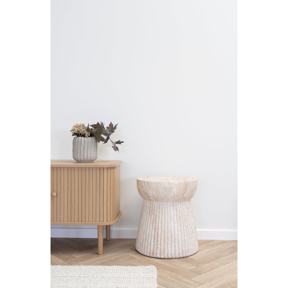 Bonn Side Table - Natural, Fiberclay with Groove Design, ø37x43 cm