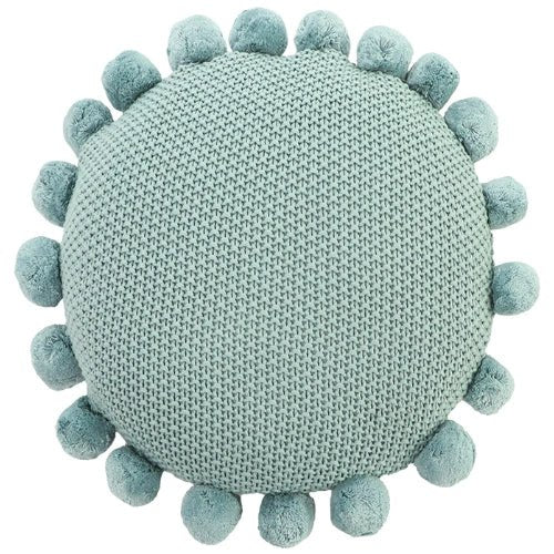 Soft Blue Round Knitted Cushion Cover with Pompoms, 40 cm — Urbane Hide