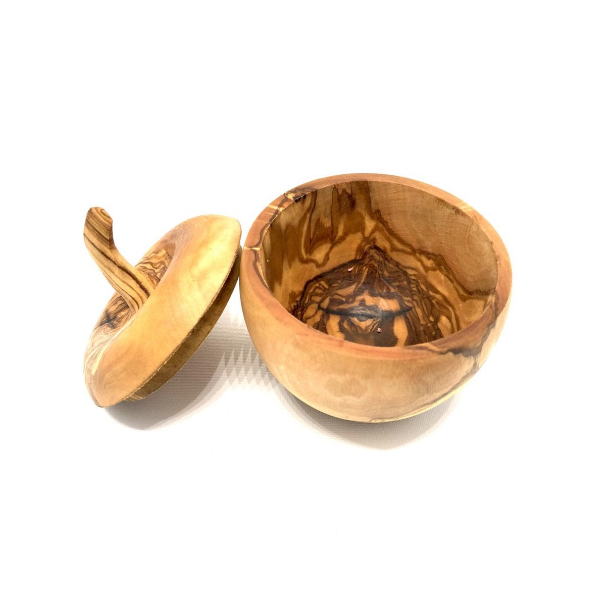 Apple-shaped salt box with salt shovel, olive wood