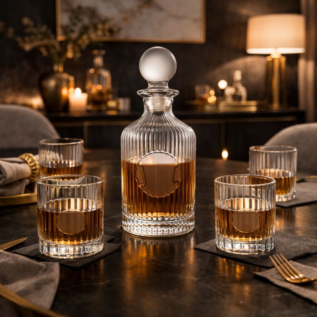 Lödda randiga whiskyglas med karaff 500 ml och 4 glas à 330 ml