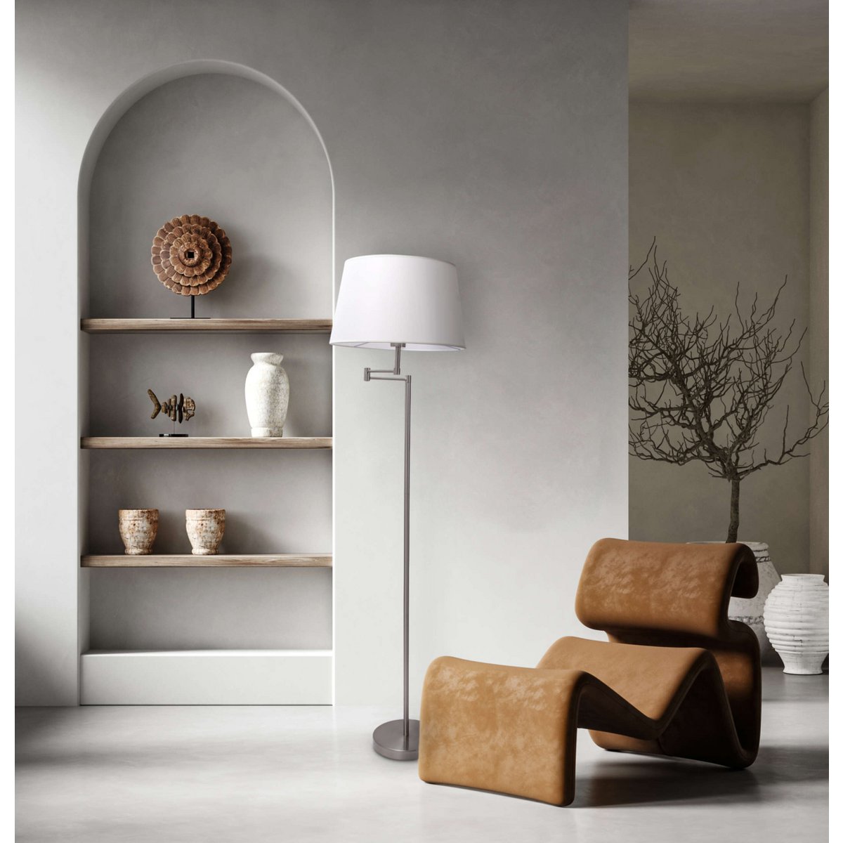 Standing lamp "Bologna" height 158 cm made of metal in a satin nickel, Beiger Textalspreis, E27