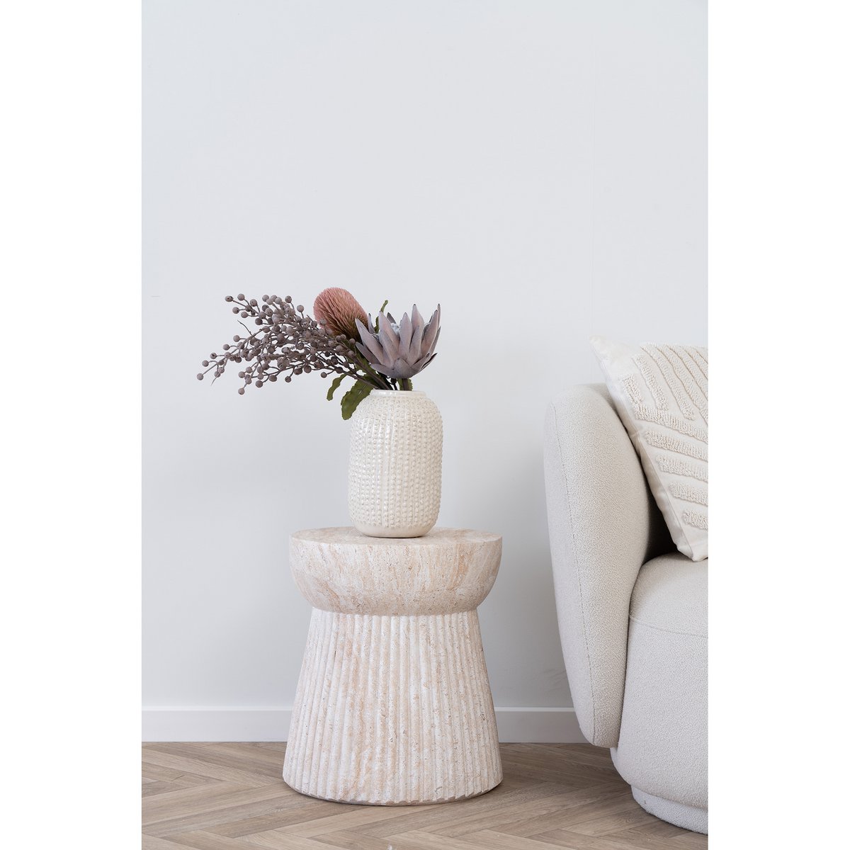 Bonn Side Table - Natural, Fiberclay with Groove Design, ø37x43 cm
