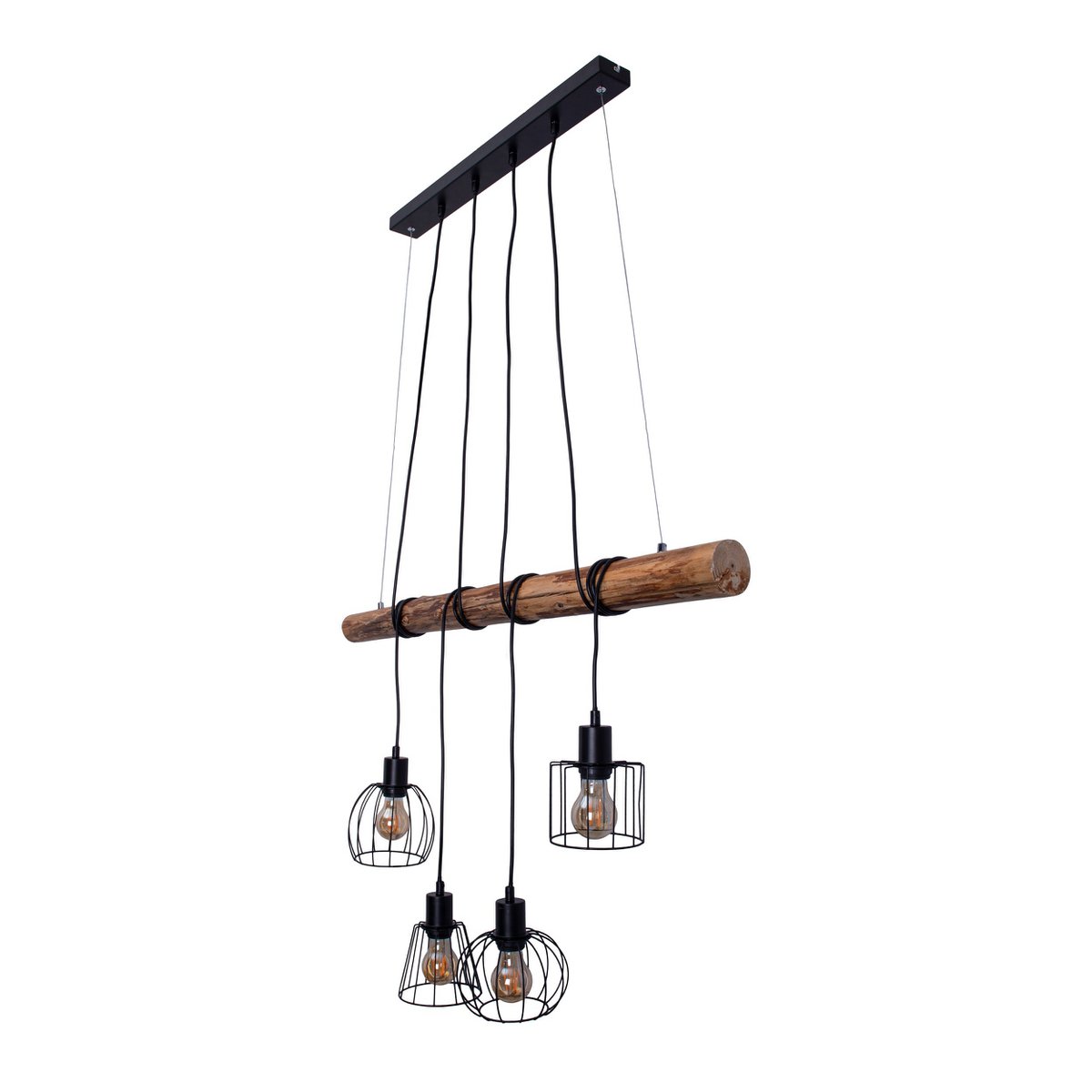 4 taklampor "Woodland", metall och trä i svart, och naturlig E27-sockel, för matsal, vardagsrum, hall eller kontor, 100 cm lång
