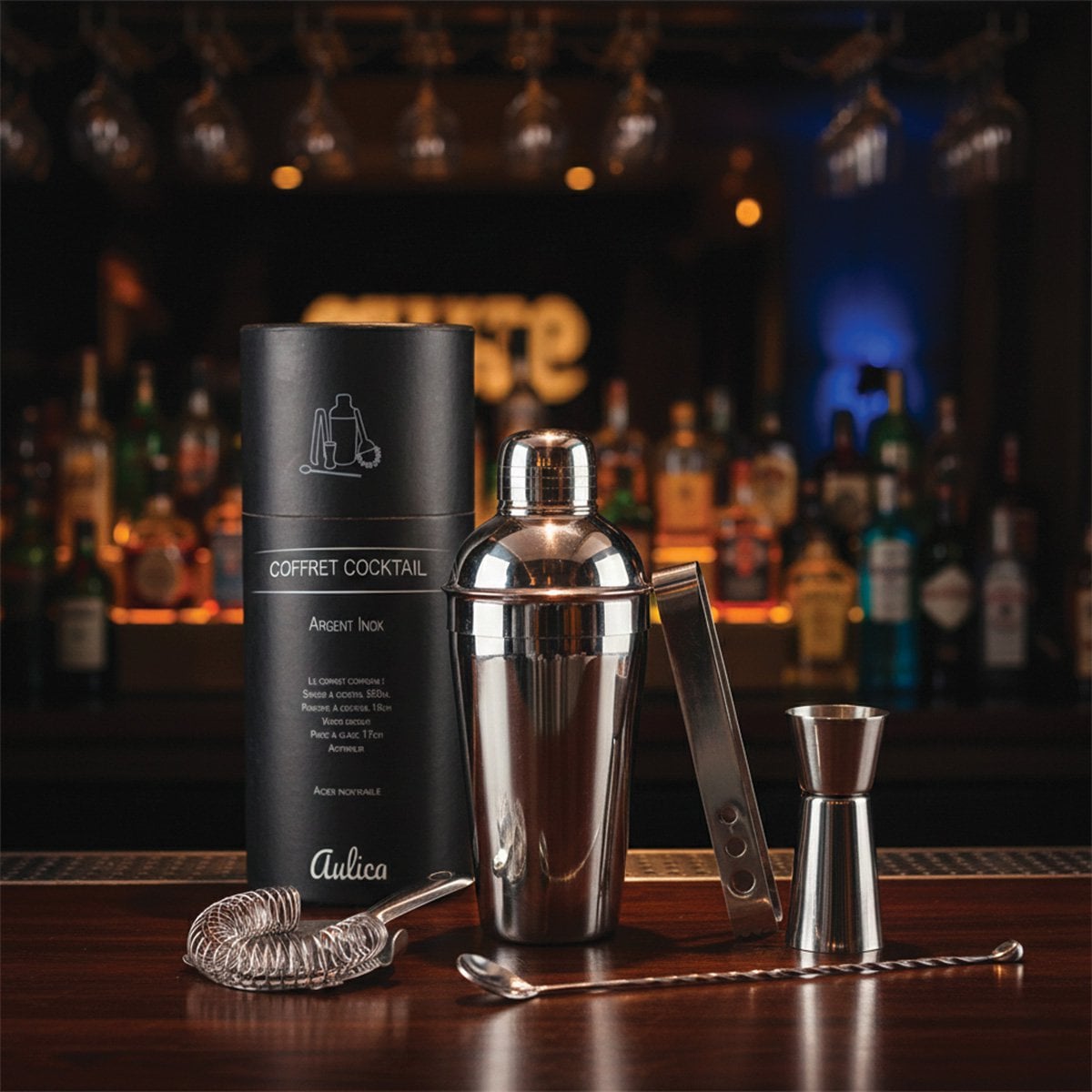 Cocktail shaker set 550ml 5 pieces silver color
