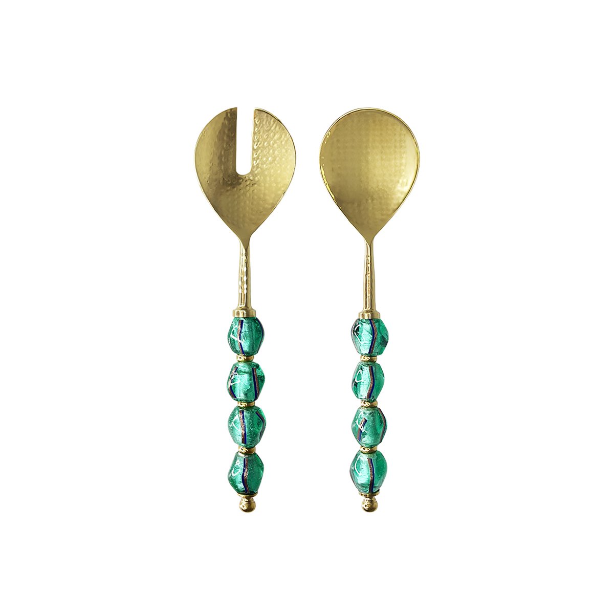 Gold salad servers with green pearl handles