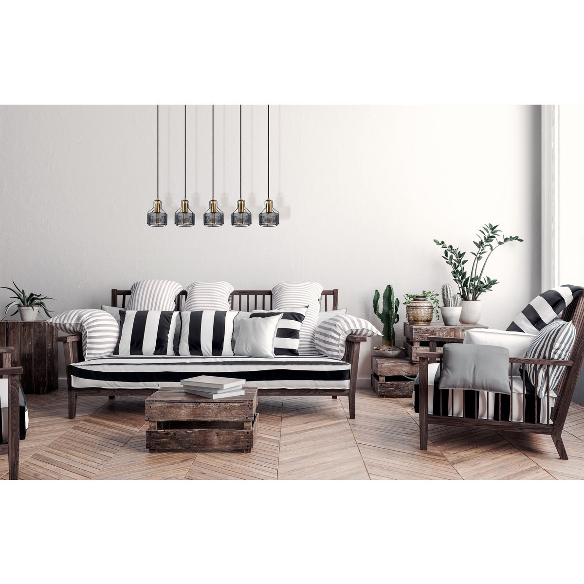 5er Pendelleuchte "FORO" Retro Pendellampe aus Metall in Schwarz, und Gold mit E27-Fassungen, 96 cm lang. Stilvolle Beleuchtung für Wohnzimmer, Esszimmer oder Küche.
