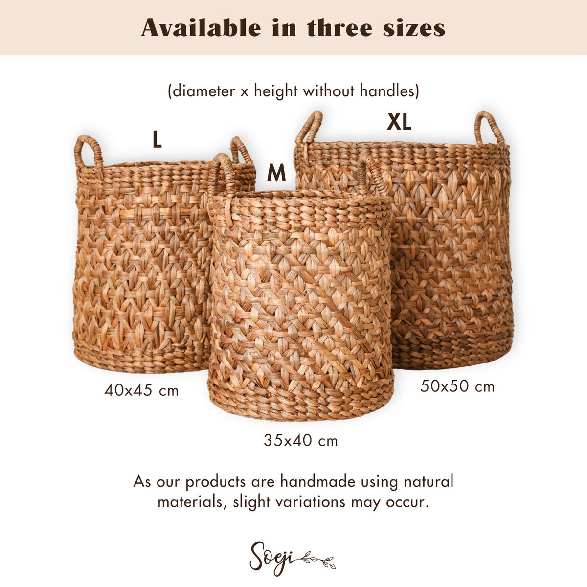 Round Woven Laundry Basket – Boho Plant Basket – Laundry Hamper Brown – Large Basket Made of Water Hyacinth RAJA (3 sizes Ø 35/40/50 cm)