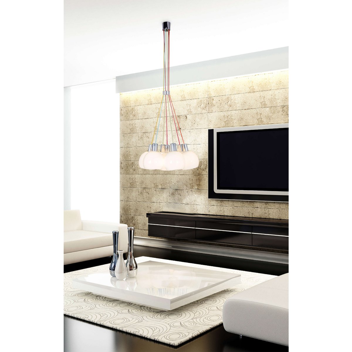 Pendant lamp "Rainbow-Bowl" a total of 120 cm high, 7 glass screens Ø 16 cm, made of chrome-colored metal, opal white glass and colorful supply, E14 versions