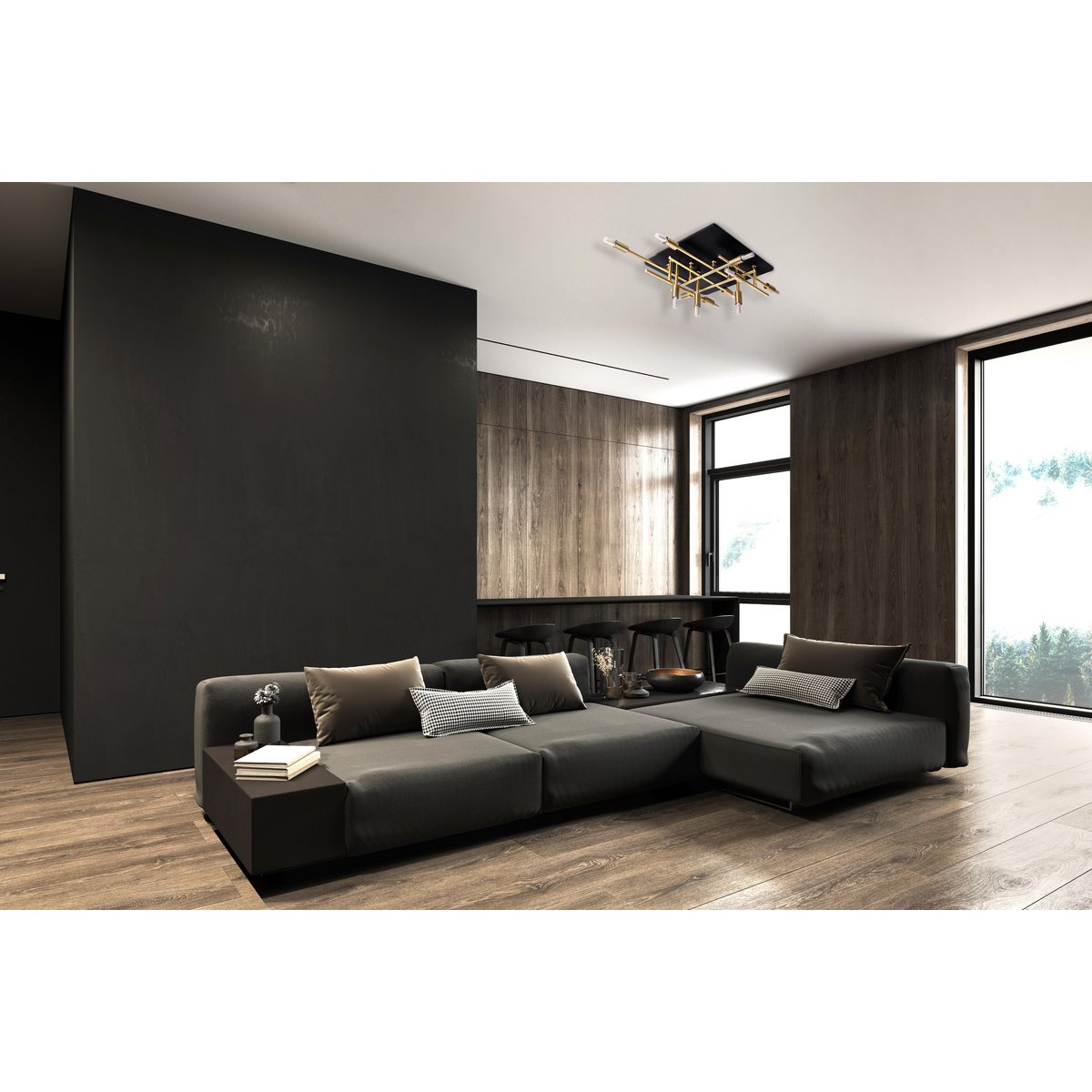 LED Deckenleuchte "ANCONA" mit Backlight aus Metall in Schwarz, und Messing, G9-Fassungen, Lampe für Wohnzimmer, Esszimmer, Flur und Büro, ca. 51 x 48 cm