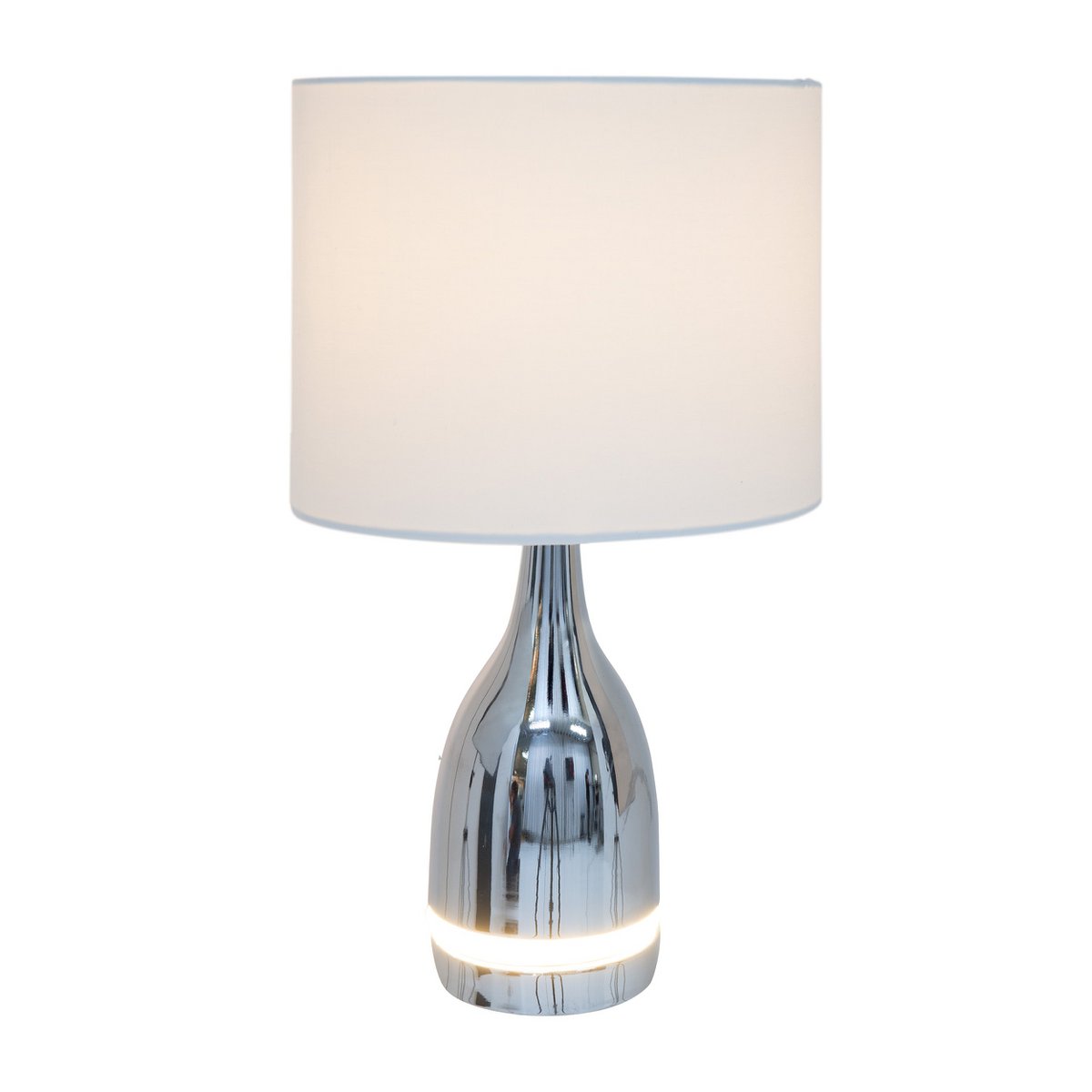 The "Cosima" LED table lamp is 43.5 cm high, umbrella Ø 25 cm, made of metal, plastic, textile material in the colors chrome and white. Both integrated LEDs in the light foot and E14 version