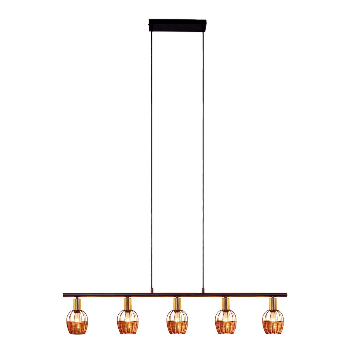 5er Pendelleuchte "CORBIS", Hängelampe aus Metall in Schwarz, mit Gold und Rattan, mit E14-Fassung, für Esszimmer, Wohnzimmer, Diele oder Büro, 100 cm lang