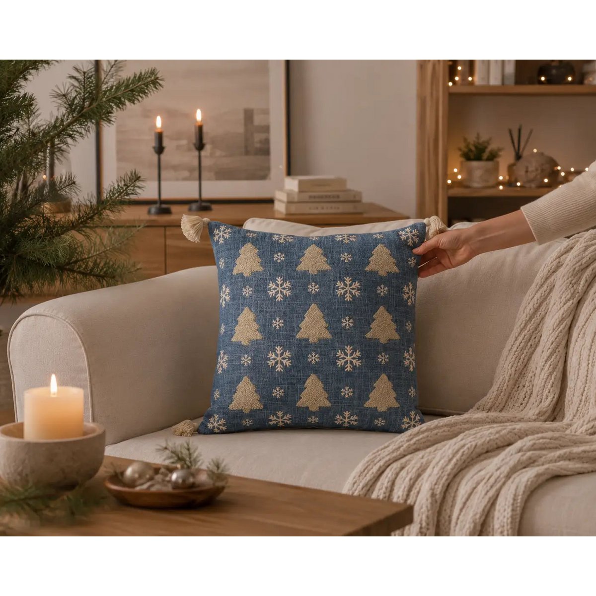 Blue Christmas Trees & Snow – Cushion Cover / Kussenhoes – Christmas 45×45 cm – Urbane Hide