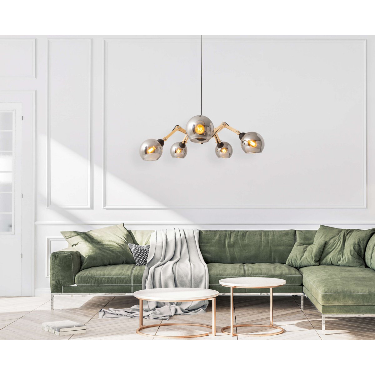 5 glass pendant lamp "Soito" hanging lamp made of metal, glass and rubber wood, with E14 socket, for dining room, living room, hallway or office, 80 cm diameter