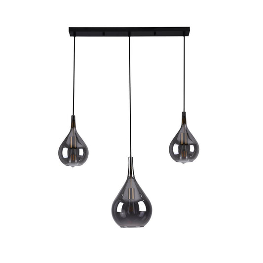 3-armad pendellampa "Gota", retro klassisk taklampa i svart rökt glas med E27-fattningar, 88 cm lång, 150 cm hög, idealisk för matsal, vardagsrum och kök.